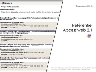 Ressources existantes




                            Référentiel
                         Accessiweb 2.1




    Voir en ligne : http://www.accessiweb.org/index.php/accessiweb_2.1_liste_generale
5   Bonnes pratiques graphiques — Romy Duhem-Verdière — Paris Web 2012
 