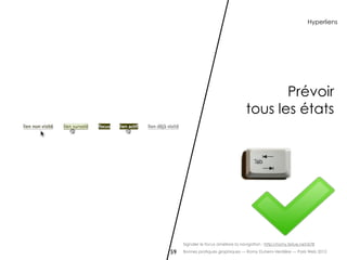 Hyperliens




                                            Prévoir
                                     tous les états




     Signaler le focus améliore la navigation : http://romy.tetue.net/678

59   Bonnes pratiques graphiques — Romy Duhem-Verdière — Paris Web 2012
 