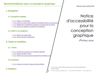 Ressources existantes




                                    Notice
                              d'accessibilité
                                    pour la
                                conception
                                 graphique




    Voir en ligne : http://wiki.accede-web.com/notices/graphique-
    ergonomique

6   Bonnes pratiques graphiques — Romy Duhem-Verdière — Paris Web 2012
 