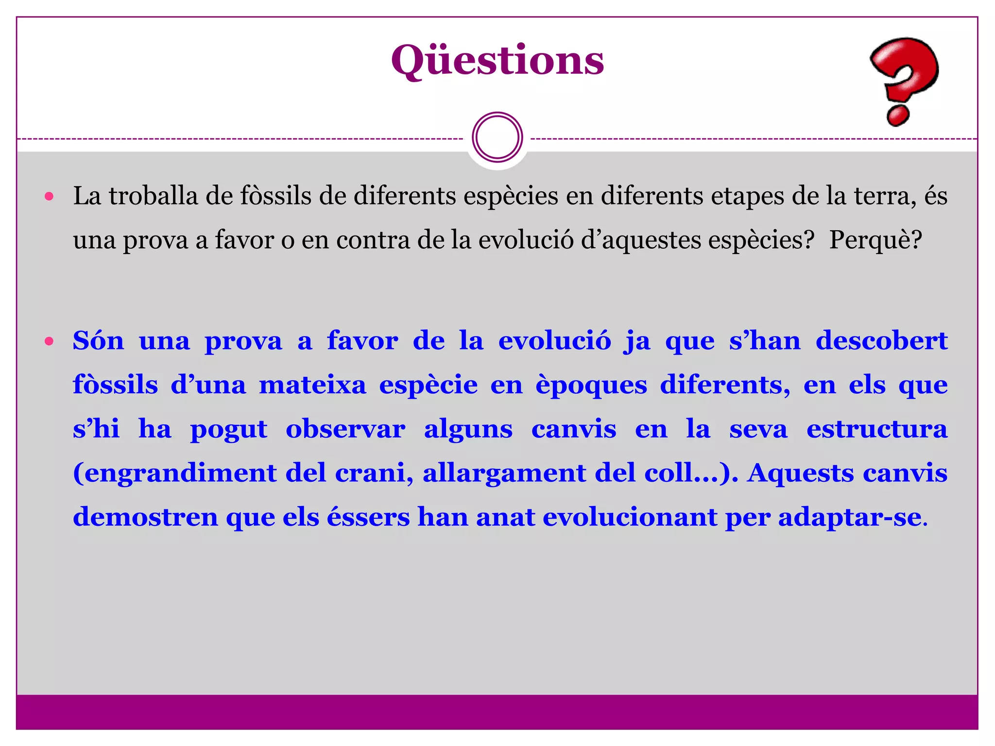 Qüestions


 La troballa de fòssils de diferents espècies en diferents etapes de la terra, és
  una prova a favor o en contra de la evolució d’aquestes espècies? Perquè?


 Són una prova a favor de la evolució ja que s’han descobert
  fòssils d’una mateixa espècie en èpoques diferents, en els que
  s’hi ha pogut observar alguns canvis en la seva estructura
  (engrandiment del crani, allargament del coll...). Aquests canvis
  demostren que els éssers han anat evolucionant per adaptar-se.
 
