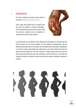 3 
I.INTRODUCCIÓ 
El nostre projecte de recerca tracta sobre el procés de . creació dels essers humans 
Hem volgut documentar-nos en aquest tema per que ens sembla un procés meravellós i molt interesant que ocorre dia rere dia a cents de persones, gracies això es garanteix la supervivència de la nostra espècie. 
La nostra recerca s’ha centrat en els mètodes per aconseguir un embaràs tant de forma natural com de forma artificial, en els mètodes anticonceptius, els els diferents processos que te l’embaràs, les conseqüències favorables i perjudicials en vers les mares especialment les adolescents, em cercat informació sobre les edats mes favorables per tenir fills, també em volgut exposar els dos punts de vista del procés d’embaràs de forma científica i de forma humana, i per últim les nostres conclusions, opinions i punts de vista sobre aquest meravellós mètode de creació. 
 