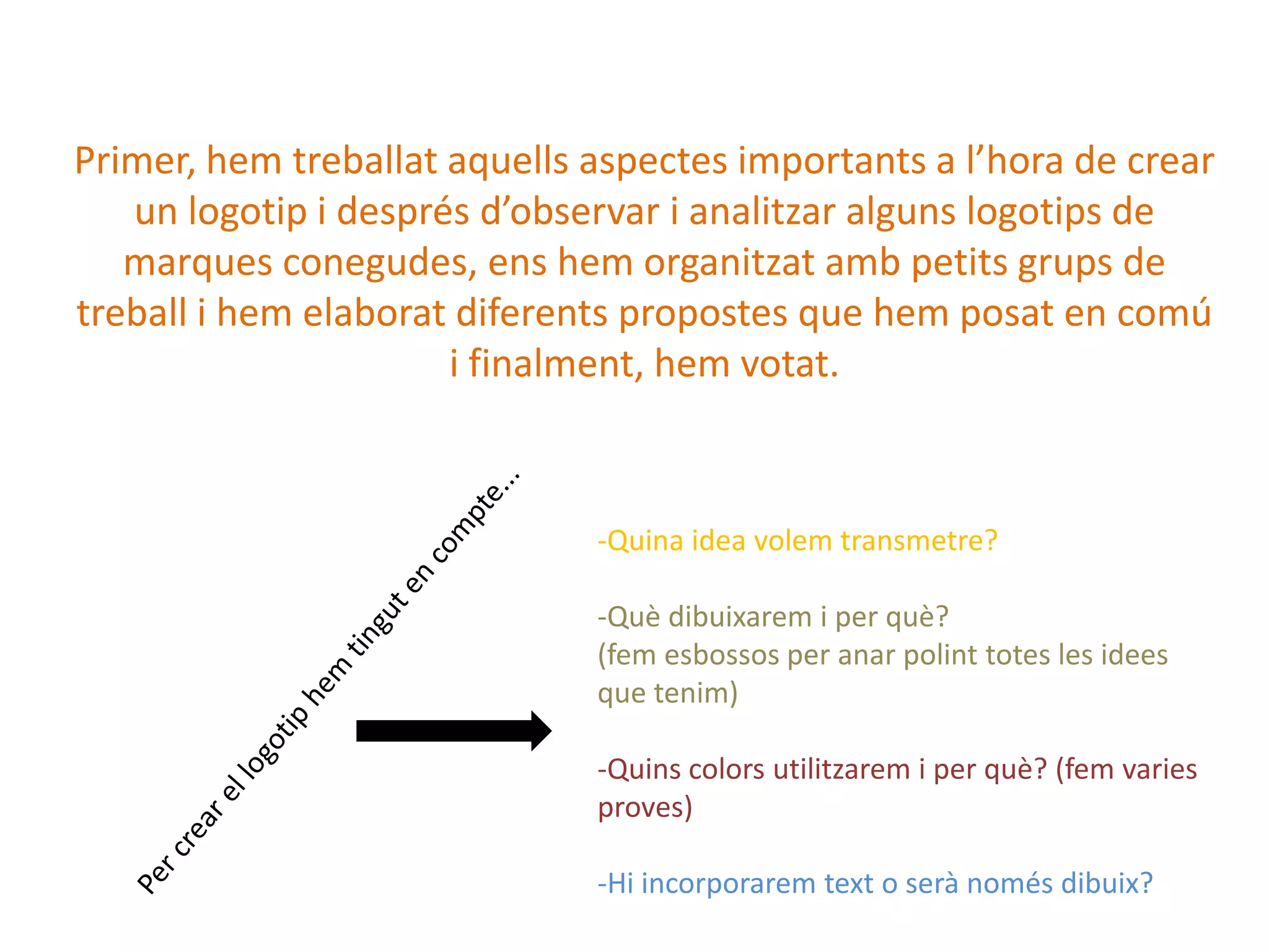 Primer, hem treballat aquells aspectes importants a l’hora de crear
un logotip i després d’observar i analitzar alguns logotips de
marques conegudes, ens hem organitzat amb petits grups de
treball i hem elaborat diferents propostes que hem posat en comú
i finalment, hem votat.
-Quina idea volem transmetre?
-Què dibuixarem i per què?
(fem esbossos per anar polint totes les idees
que tenim)
-Quins colors utilitzarem i per què? (fem varies
proves)
-Hi incorporarem text o serà només dibuix?
 