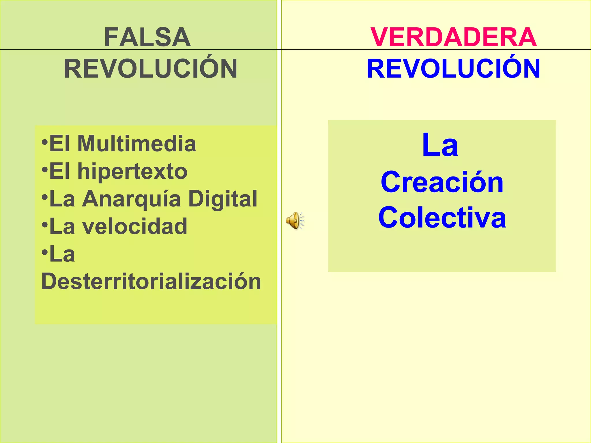 FALSA REVOLUCIÓN VERDADERA REVOLUCIÓN La Creación Colectiva El Multimedia El hipertexto La Anarquía Digital La velocidad La Desterritorialización