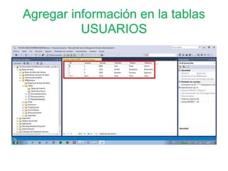 Agregar información en la tablas
USUARIOS
 