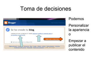 Toma de decisiones  Podemos  Personalizar la apariencia o Empezar a publicar el contenido 