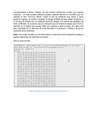 correspondiente a dichos campos, de otra manera ingresamos el valor que creamos necesario. En este proceso debemos prestar especial atención al momento que nos solicitan el dato “Common Name”, según el tipo de certificado que vamos a crear, podemos ingresar un nombre completo de equipo (FQDN) útil para validar servidores, o en el caso de tratarse de un certificado personal, debería ir el nombre del propietario de dicho certificado, en el primer caso es necesario que el nombre de equipo sea el mismo indicado en el registro del servidor DNS que resuelve a dicho servidor. Por último otro dato importante es la dirección de email asociada a la persona o entidad a la que va destinado dicho certificado. 
Nota: Para poder visualizar en formato textual la información del certificado lo podemos realizar ingresando los siguientes comandos: 
Para la clave secreta: 
Figura 3: Información en forma de texto de la clave privada de CA. 
 