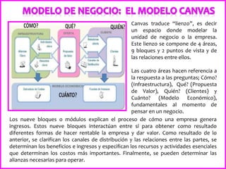 Canvas traduce “lienzo”, es decir
un espacio donde modelar la
unidad de negocio o la empresa.
Este lienzo se compone de 4 áreas,
9 bloques y 2 puntos de vista y de
las relaciones entre ellos.
Las cuatro áreas hacen referencia a
la respuesta a las preguntas; Cómo?
(Infraestructura), Qué? (Propuesta
de Valor), Quién? (Clientes) y
Cuánto? (Modelo Económico),
fundamentales al momento de
pensar en un negocio.
Los nueve bloques o módulos explican el proceso de cómo una empresa genera
ingresos. Estos nueve bloques interactúan entre sí para obtener como resultado
diferentes formas de hacer rentable la empresa y dar valor. Como resultado de lo
anterior, se clarifican los canales de distribución y las relaciones entre las partes, se
determinan los beneficios e ingresos y especifican los recursos y actividades esenciales
que determinan los costos más importantes. Finalmente, se pueden determinar las
alianzas necesarias para operar.
 