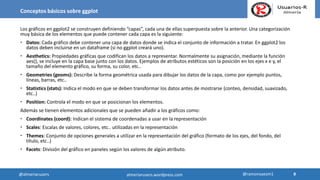 Conceptos básicos sobre ggplot
Los gráficos en ggplot2 se construyen definiendo “capas”, cada una de ellas superpuesta sobre la anterior. Una categorización
muy básica de los elementos que puede contener cada capa es la siguiente:
 Datos: Cada gráfico debe contener una capa de datos donde se indica el conjunto de información a tratar. En ggplot2 los
datos deben incluirse en un dataframe (si no ggplot creará uno).
 Aesthetics: Propiedades gráficas que codifican los datos a representar. Normalmente su asignación, mediante la función
aes(), se incluye en la capa base junto con los datos. Ejemplos de atributos estéticos son la posición en los ejes x e y, el
tamaño del elemento gráfico, su forma, su color, etc..
 Geometries (geoms): Describe la forma geométrica usada para dibujar los datos de la capa, como por ejemplo puntos,
líneas, barras, etc..
 Statistics (stats): Indica el modo en que se deben transformar los datos antes de mostrarse (conteo, densidad, suavizado,
etc..)
 Position: Controla el modo en que se posicionan los elementos.
Además se tienen elementos adicionales que se pueden añadir a los gráficos como:
 Coordinates (coord): Indican el sistema de coordenadas a usar en la representación
 Scales: Escalas de valores, colores, etc.. utilizadas en la representación
 Themes: Conjunto de opciones generales a utilizar en la representación del gráfico (formato de los ejes, del fondo, del
título, etc..)
 Facets: División del gráfico en paneles según los valores de algún atributo.
9
9@almeriarusers @ramonsaezm1almeriarusers.wordpress.com
 