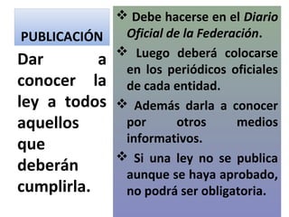  Debe hacerse en el Diario
 PUBLICACIÓN  Oficial de la Federación.
              Luego deberá colocarse
Dar        a
              en los periódicos oficiales
conocer la de cada entidad.
ley a todos  Además darla a conocer
aquellos      por       otros     medios
              informativos.
que
              Si una ley no se publica
deberán       aunque se haya aprobado,
cumplirla.    no podrá ser obligatoria.
 