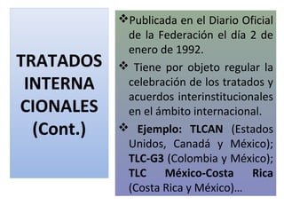 Publicada en el Diario Oficial
             de la Federación el día 2 de
             enero de 1992.
TRATADOS     Tiene por objeto regular la
 INTERNA     celebración de los tratados y
             acuerdos interinstitucionales
CIONALES     en el ámbito internacional.
  (Cont.)    Ejemplo: TLCAN (Estados
             Unidos, Canadá y México);
             TLC-G3 (Colombia y México);
             TLC    México-Costa      Rica
             (Costa Rica y México)…
 