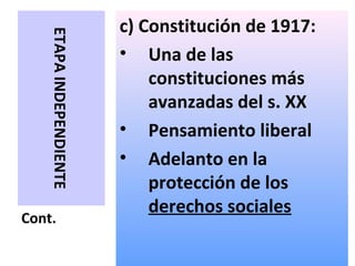 c) Constitución de 1917:
    ETAPA INDEPENDIENTE   • Una de las
                              constituciones más
                              avanzadas del s. XX
                          • Pensamiento liberal
                          • Adelanto en la
                              protección de los
                              derechos sociales
Cont.
 
