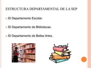 ESTRUCTURA DEPARTAMENTAL DE LA SEP


El Departamento Escolar.



El Departamento de Bibliotecas.



El Departamento de Bellas Artes.

 