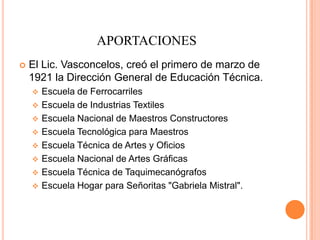 APORTACIONES


El Lic. Vasconcelos, creó el primero de marzo de
1921 la Dirección General de Educación Técnica.









Escuela de Ferrocarriles
Escuela de Industrias Textiles
Escuela Nacional de Maestros Constructores
Escuela Tecnológica para Maestros
Escuela Técnica de Artes y Oficios
Escuela Nacional de Artes Gráficas
Escuela Técnica de Taquimecanógrafos
Escuela Hogar para Señoritas "Gabriela Mistral".

 