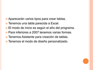 Aparecerán varios tipos para crear tablas.Tenemos una tabla parecida a Excel.El modo de inicio es según el año del programa.Para inferiores a 2007 tenemos varias formas.Tenemos Asistente para creación de tablas.Tenemos el modo de diseño personalizado.