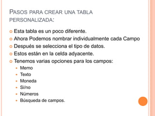 Pasos para crear una tabla personalizada:Esta tabla es un poco diferente.Ahora Podemos nombrar individualmente cada CampoDespués se selecciona el tipo de datos.Estos están en la celda adyacente.Tenemos varias opciones para los campos:MemoTextoMonedaSi/noNúmerosBúsqueda de campos.