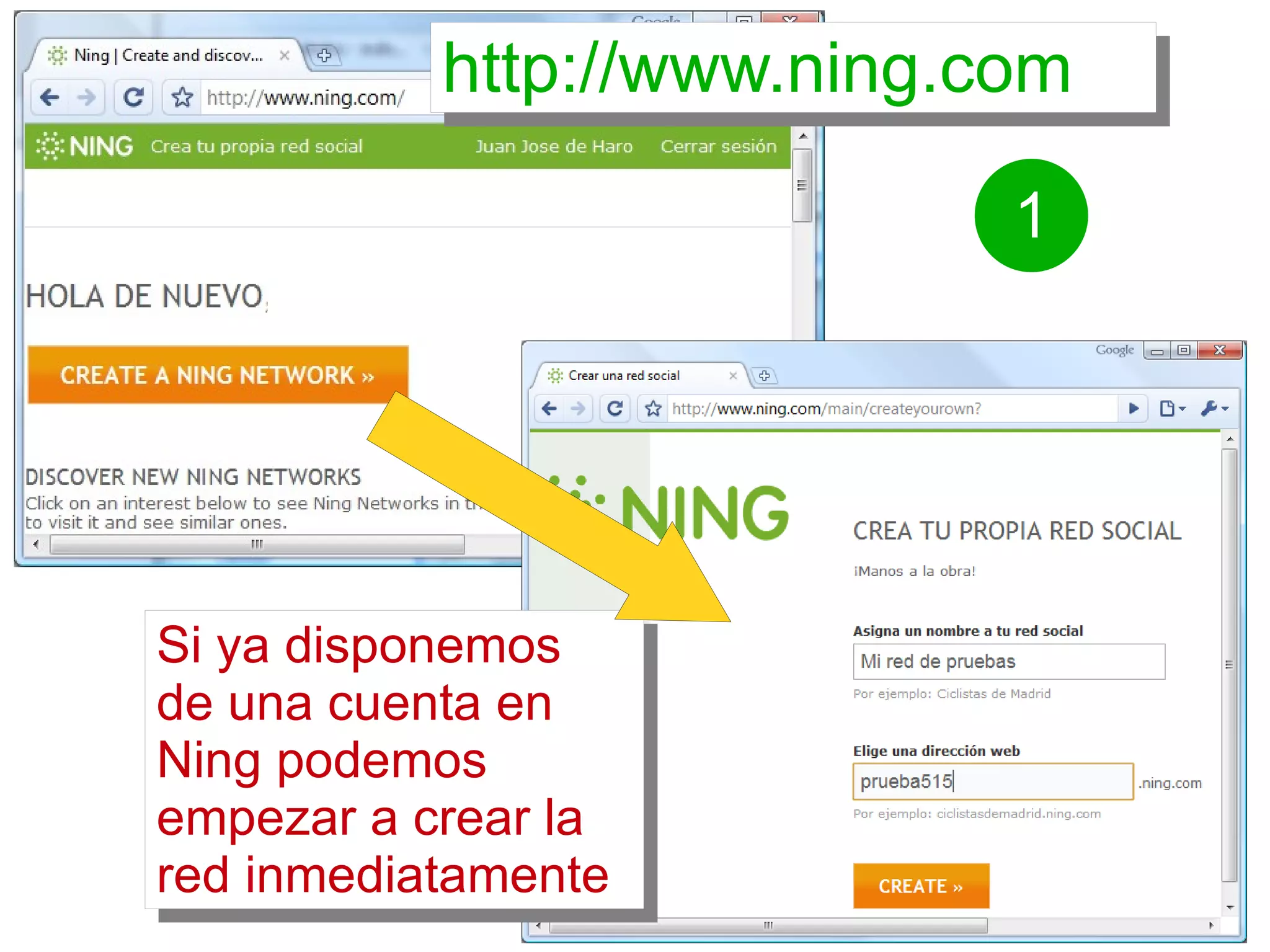 http://www.ning.com Si ya disponemos de una cuenta en Ning podemos empezar a crear la red inmediatamente
