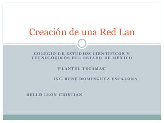 Creación de una Red Lan

  COLEGIO DE ESTUDIOS CIENTÍFICOS Y
 TECNOLÓGICOS DEL ESTADO DE MÉXICO

          PLANTEL TECÁMAC

         ING RENÉ DOMINGUEZ ESCALONA



BELLO LEÓN CRISTIAN
 