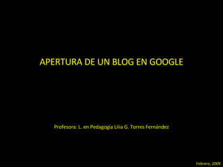 APERTURA DE UN BLOG EN GOOGLE Profesora: L. en Pedagogía Lilia G. Torres Fernández Febrero, 2009 