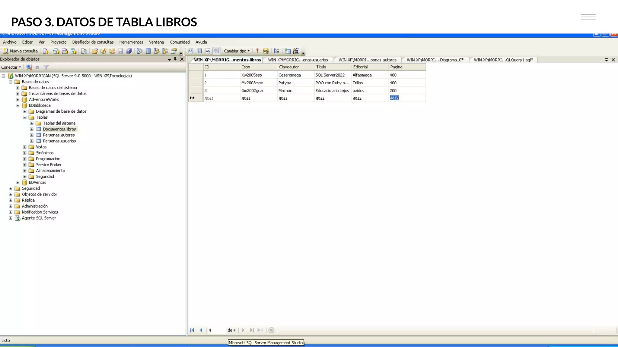 PASO 3. DATOS DE TABLA LIBROS