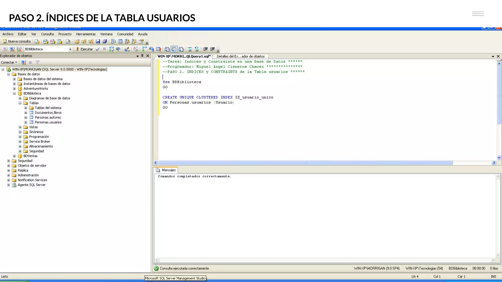 PASO 2. ÍNDICES DE LA TABLA USUARIOS