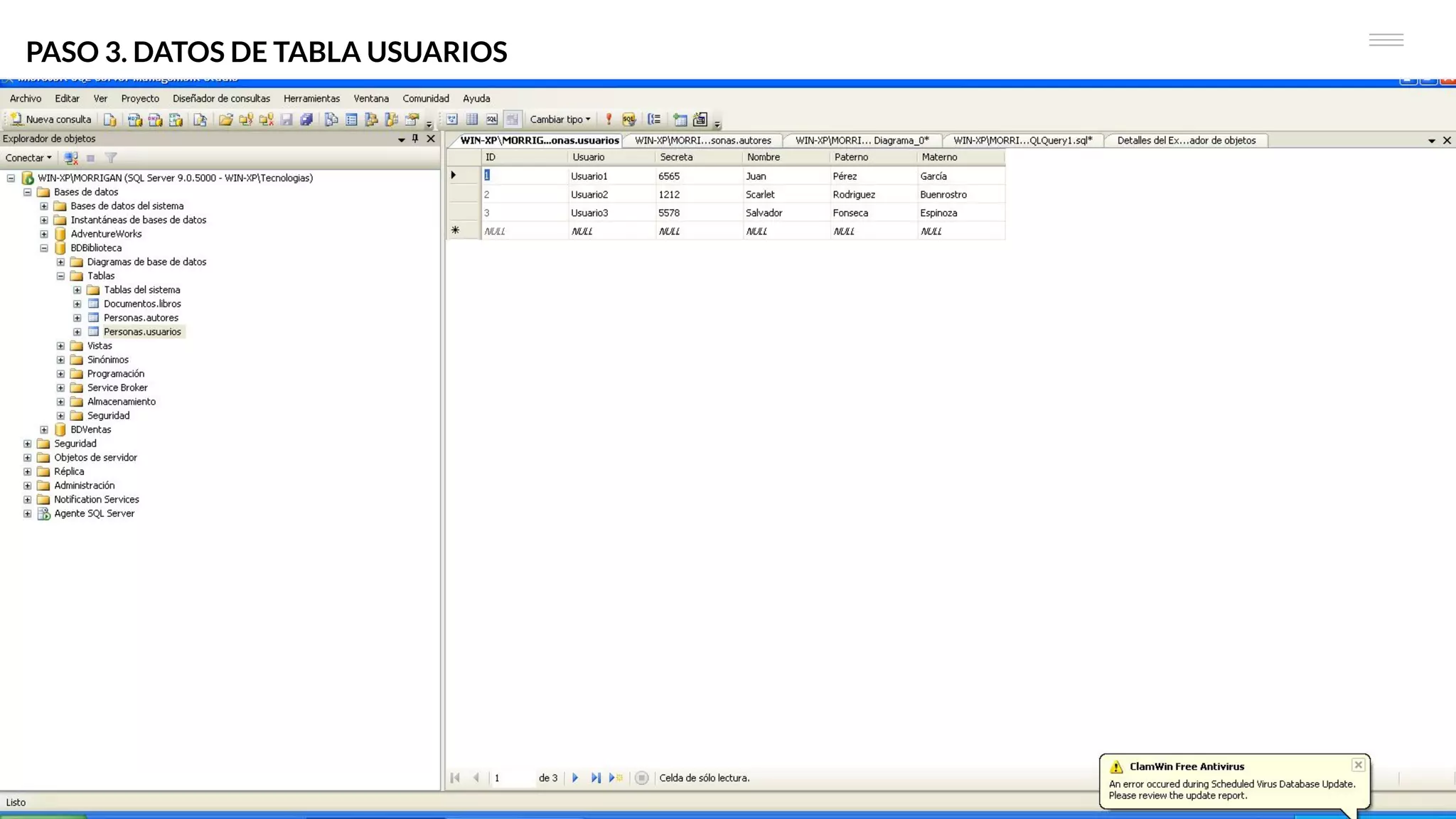 PASO 3. DATOS DE TABLA USUARIOS