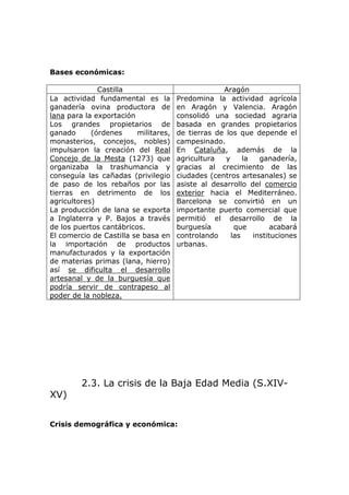 Bases económicas:
Castilla Aragón
La actividad fundamental es la
ganadería ovina productora de
lana para la exportación
Los grandes propietarios de
ganado (órdenes militares,
monasterios, concejos, nobles)
impulsaron la creación del Real
Concejo de la Mesta (1273) que
organizaba la trashumancia y
conseguía las cañadas (privilegio
de paso de los rebaños por las
tierras en detrimento de los
agricultores)
La producción de lana se exporta
a Inglaterra y P. Bajos a través
de los puertos cantábricos.
El comercio de Castilla se basa en
la importación de productos
manufacturados y la exportación
de materias primas (lana, hierro)
así se dificulta el desarrollo
artesanal y de la burguesía que
podría servir de contrapeso al
poder de la nobleza.
Predomina la actividad agrícola
en Aragón y Valencia. Aragón
consolidó una sociedad agraria
basada en grandes propietarios
de tierras de los que depende el
campesinado.
En Cataluña, además de la
agricultura y la ganadería,
gracias al crecimiento de las
ciudades (centros artesanales) se
asiste al desarrollo del comercio
exterior hacia el Mediterráneo.
Barcelona se convirtió en un
importante puerto comercial que
permitió el desarrollo de la
burguesía que acabará
controlando las instituciones
urbanas.
2.3. La crisis de la Baja Edad Media (S.XIV-
XV)
Crisis demográfica y económica:
 
