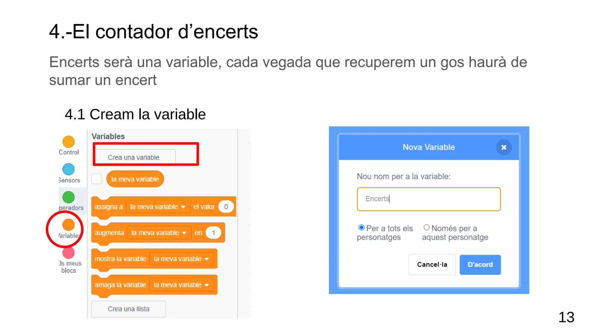 4.-El contador d’encerts
Encerts serà una variable, cada vegada que recuperem un gos haurà de
sumar un encert
13
4.1 Cream la variable
 