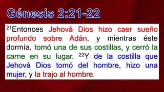 21Entonces Jehová Dios hizo caer sueño
profundo sobre Adán, y mientras éste
dormía, tomó una de sus costillas, y cerró la
carne en su lugar. 22Y de la costilla que
Jehová Dios tomó del hombre, hizo una
mujer, y la trajo al hombre.
 