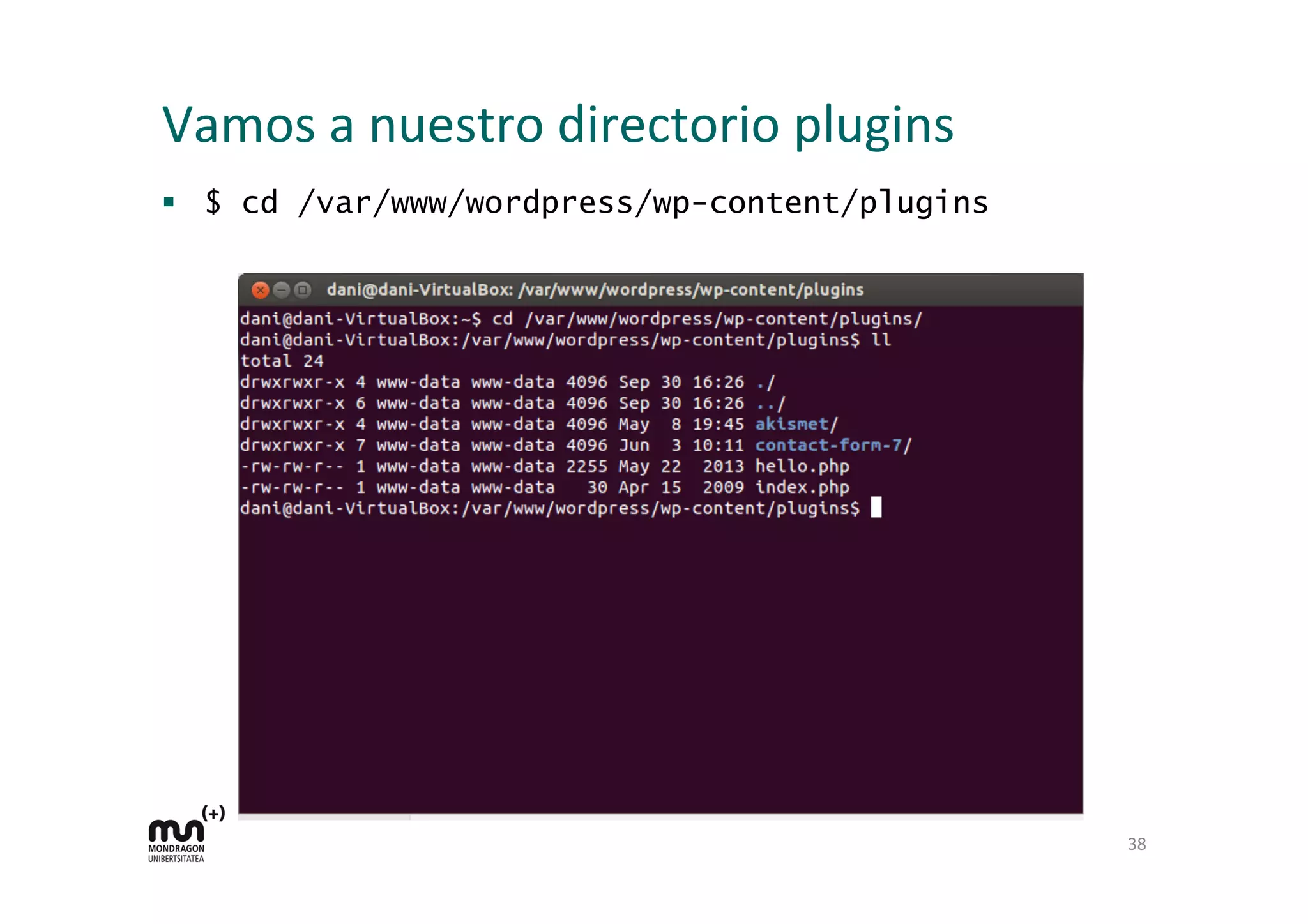 Vamos 
a 
nuestro 
directorio 
plugins 
§ $ cd /var/www/wordpress/wp-content/plugins 
38 
 