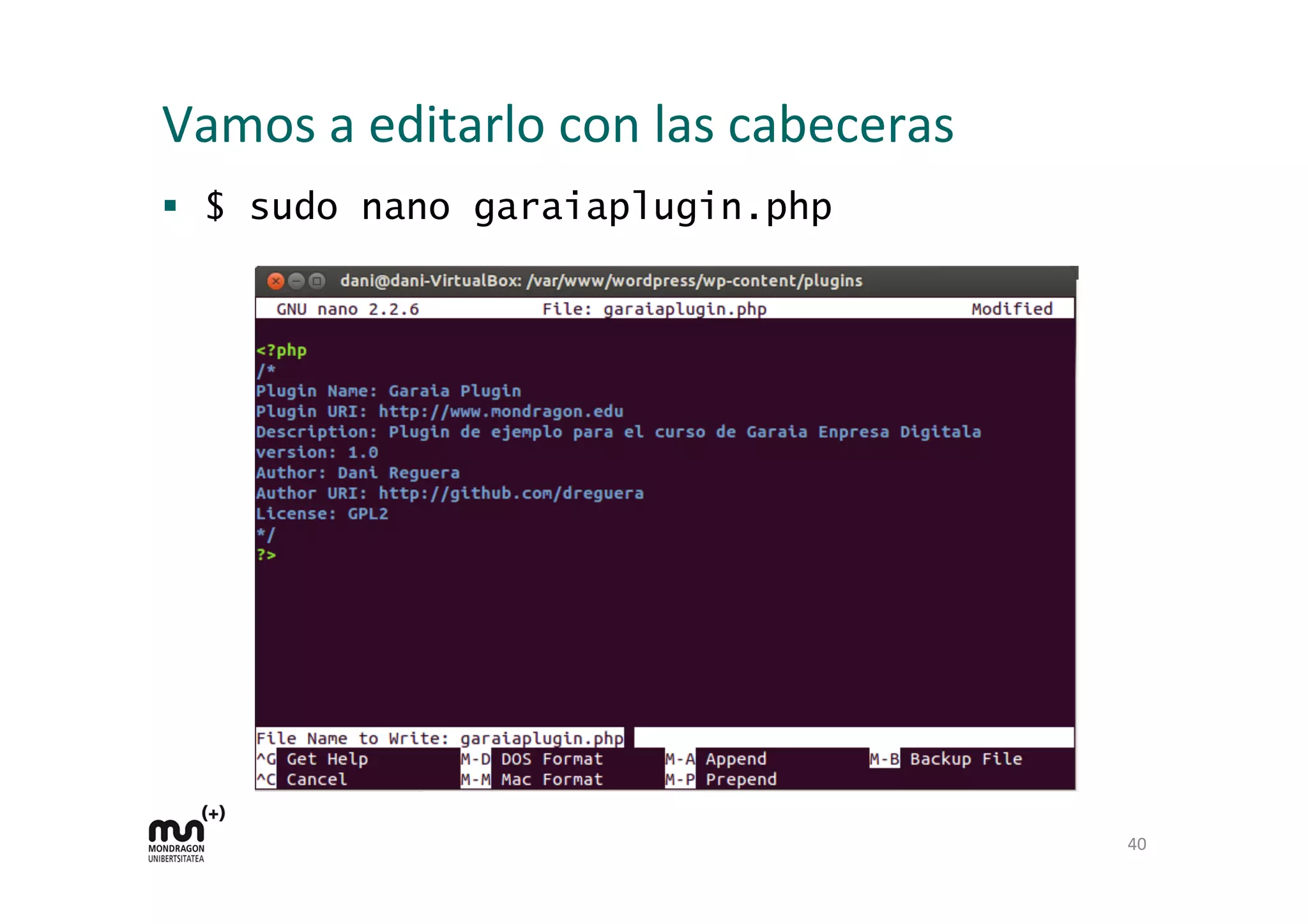 Vamos 
a 
editarlo 
con 
las 
cabeceras 
§ $ sudo nano garaiaplugin.php 
40 
 