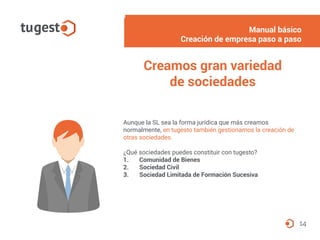 Aunque la SL sea la forma jurídica que más creamos
normalmente, en tugesto también gestionamos la creación de
otras sociedades.
¿Qué sociedades puedes constituir con tugesto?
1. Comunidad de Bienes
2. Sociedad Civil
3. Sociedad Limitada de Formación Sucesiva
Manual básico
Alta del autónomo paso a paso
14
Creamos gran variedad
de sociedades
Manual básico
Creación de empresa paso a paso
 