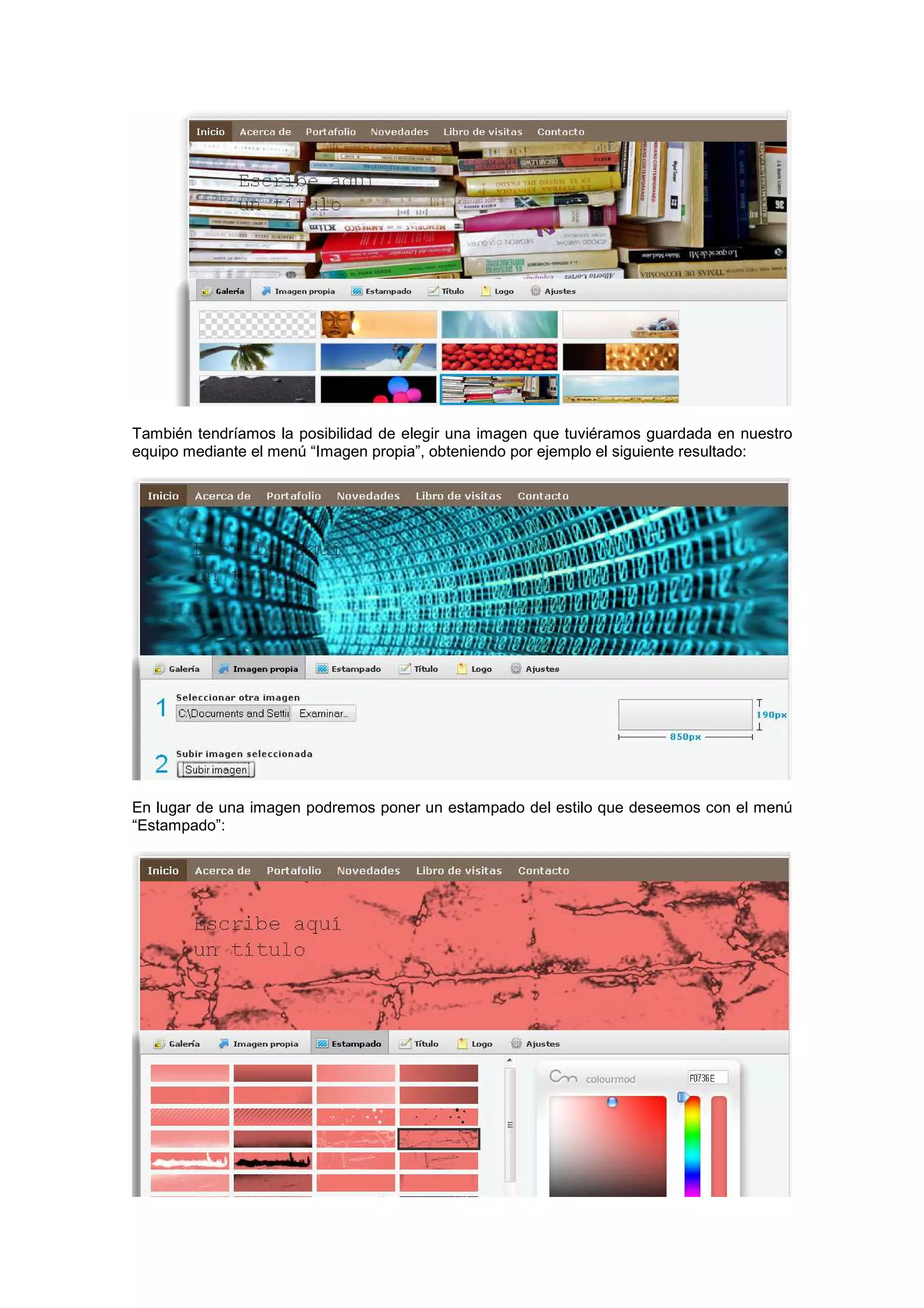 También tendríamos la posibilidad de elegir una imagen que tuviéramos guardada en nuestro
equipo mediante el menú “Imagen propia”, obteniendo por ejemplo el siguiente resultado:
En lugar de una imagen podremos poner un estampado del estilo que deseemos con el menú
“Estampado”:
 