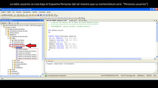 La tabla usuarios se crea bajo el Esquema Personas (de tal manera que su nomenclatura será: “Personas.usuarios”)
 