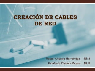 CREACIÓN DE CABLES
      DE RED




         Rafael Arteaga Hernández   Nl: 3
          Estefanía Chávez Reyes    Nl: 8
 