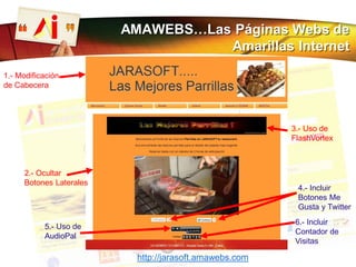 1.- Modificación
de Cabecera
2.- Ocultar
Botones Laterales
3.- Uso de
FlashVortex
4.- Incluir
Botones Me
Gusta y Twitter
http://jarasoft.amawebs.com
5.- Uso de
AudioPal
6.- Incluir
Contador de
Visitas
AMAWEBS…Las Páginas Webs de
Amarillas Internet
 