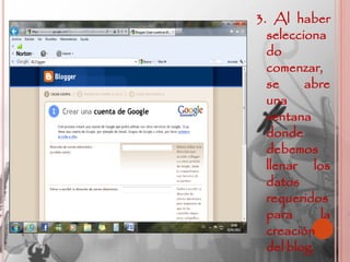 3. Al haber
  selecciona
  do
  comenzar,
  se     abre
  una
  ventana
  donde
  debemos
  llenar los
  datos
  requeridos
  para      la
  creación
  del blog.
 