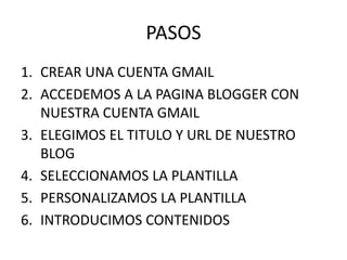 PASOSCREAR UNA CUENTA GMAILACCEDEMOS A LA PAGINA BLOGGER CON NUESTRA CUENTA GMAILELEGIMOS EL TITULO Y URL DE NUESTRO BLOGSELECCIONAMOS LA PLANTILLAPERSONALIZAMOS LA PLANTILLAINTRODUCIMOS CONTENIDOS