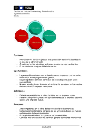 Facultad de ciencias Económicas y Administrativas
Ingeniería Comercial
TIC’S




Fortalezas

   -   Innovación de procesos gracias a la generación de nuevas talentos en
       el área de la administración
   -   Creatividad en las solución y aplicables a entornos mas cambiantes
   -   El uso de las tecnologías de la información

Oportunidades

   -   La generación cada vez mas activa de nuevas empresas que necesitan
       orientación sobre programas de gestión.
   -   Mayor rapidez de cambios por lo que se necesita gente joven y con
       nuevas ideas
   -   Nuevas tecnologías en áreas de administración y mejoras en los medios
       de comunicación empresa – empresa

Debilidades

   -   Falta de experiencia en el rubro debido a ser un empresa nueva
   -   Falta de perspectiva (valor a los ojos del cliente) de la empresa debido a
       que es una empresa nueva.

Amenazas

   -   Alta competencia en el rubro de las consultoría de la empresas
   -   Mal adiestramiento laboral por parte de las universidades de los nuevos
       profesionales de la administración
   -   Poca gestión del talento por parte de las universidades
   -   Cambios muy bruscos que no permitan generar soluciones innovadoras



                                  Otoño 2010                                     6
 