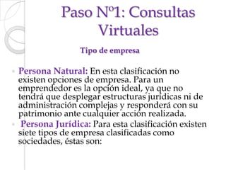 Paso Nº1: Consultas VirtualesTipo de empresaPersona Natural: En esta clasificación no existen opciones de empresa. Para un emprendedor es la opción ideal, ya que no tendrá que desplegar estructuras jurídicas ni de administración complejas y responderá con su patrimonio ante cualquier acción realizada. Persona Jurídica: Para esta clasificación existen siete tipos de empresa clasificadas como sociedades, éstas son: