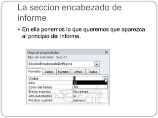 La seccion encabezado de informe En ella ponemos lo que queremos que aparezca al principio del informe.