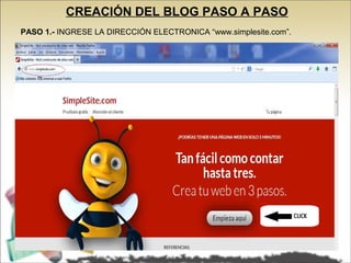 CREACIÓN DEL BLOG PASO A PASO
PASO 1.- INGRESE LA DIRECCIÓN ELECTRONICA “www.simplesite.com”.

 