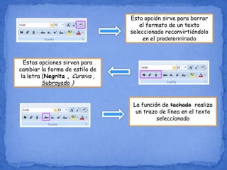 Esta opción sirve para borrar
el formato de un texto
seleccionado reconvirtiéndolo
en el predeterminado
Estas opciones sirven para
cambiar la forma de estilo de
la letra (Negrita , Cursiva ,
Subrayado )
La función de tachado realiza
un trazo de línea en el texto
seleccionado
 