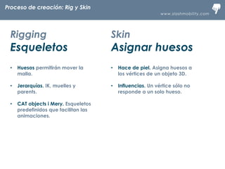 www.slashmobility.com
TECNOLOGÍA MÓVIL A TU ALCANCE
Rigging
Esqueletos
• Huesos permitirán mover la
malla.
• Jerarquías. IK, muelles y
parents.
• CAT objects i Mery. Esqueletos
predefinidos que facilitan las
animaciones.
Skin
Asignar huesos
• Hace de piel. Asigna huesos a
los vértices de un objeto 3D.
• Influencias. Un vértice sólo no
responde a un solo hueso.
Proceso de creación: Rig y Skin
 