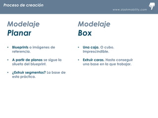 www.slashmobility.com
TECNOLOGÍA MÓVIL A TU ALCANCE
Modelaje
Planar
• Blueprints o imágenes de
referencia.
• A partir de planos se sigue la
silueta del blueprint.
• ¿Extruir segmentos? La base de
esta práctica.
Modelaje
Box
• Una caja. O cubo.
Imprescindible.
• Extruir caras. Hasta conseguir
una base en la que trabajar.
Proceso de creación
 