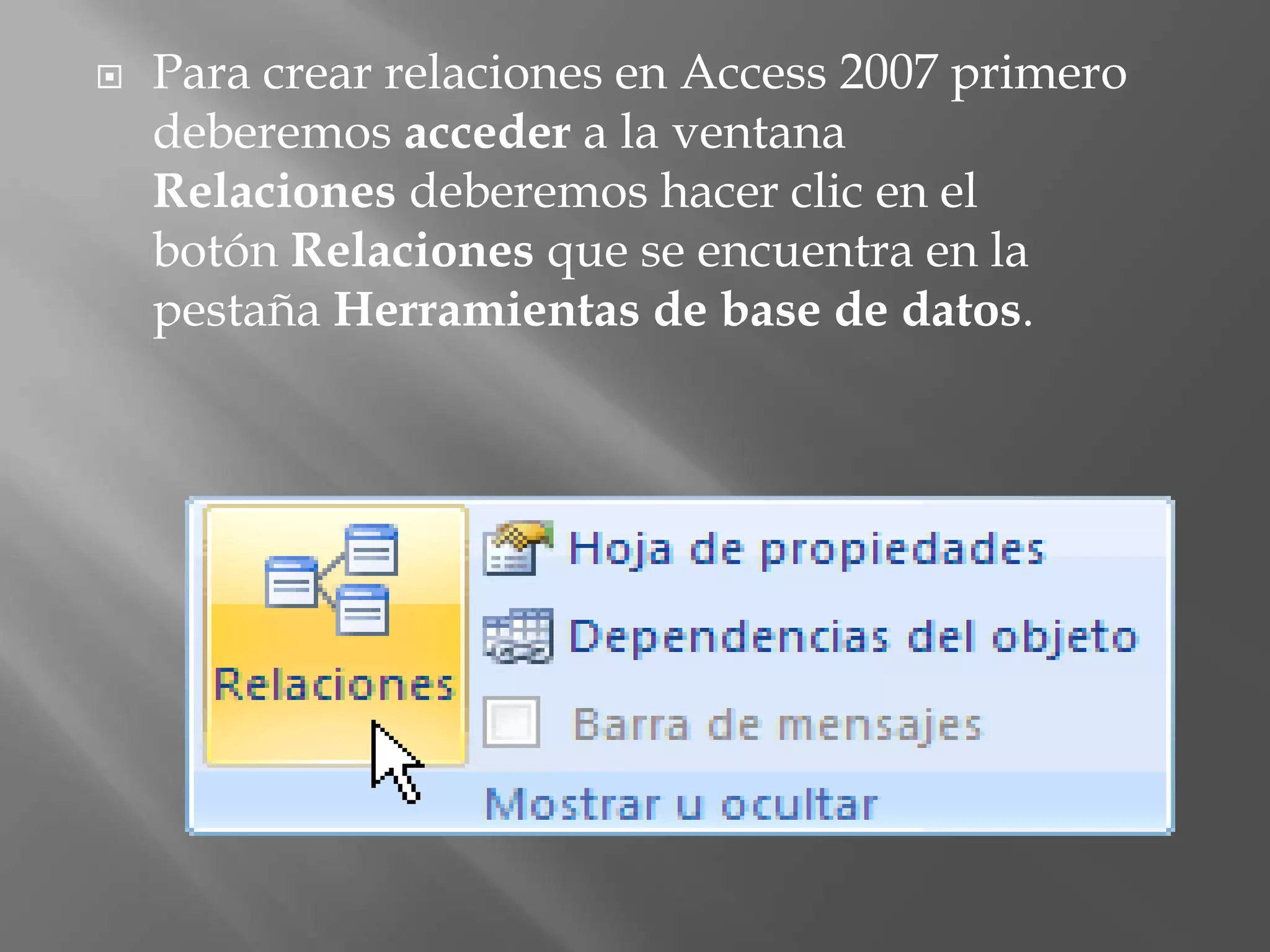 Para crear la relación:Ir sobre el campo de relación de la tabla principal (en nuestro caso codigo).Pulsar el botón izquierdo del ratón y manteniéndolo pulsado arrastrar hasta el campo numero de la tabla secundaria.Soltar el botón del ratón.Aparecerá el cuadro de diálogo Modificar relaciones siguiente: