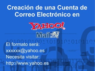 El formato será: [email_address] Necesita visitar: http://www.yahoo.es Creación de una Cuenta de Correo Electrónico en 