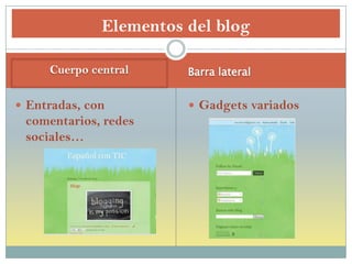 Cuerpo central Barra lateral
 Entradas, con
comentarios, redes
sociales…
 Gadgets variados
Elementos del blog
 