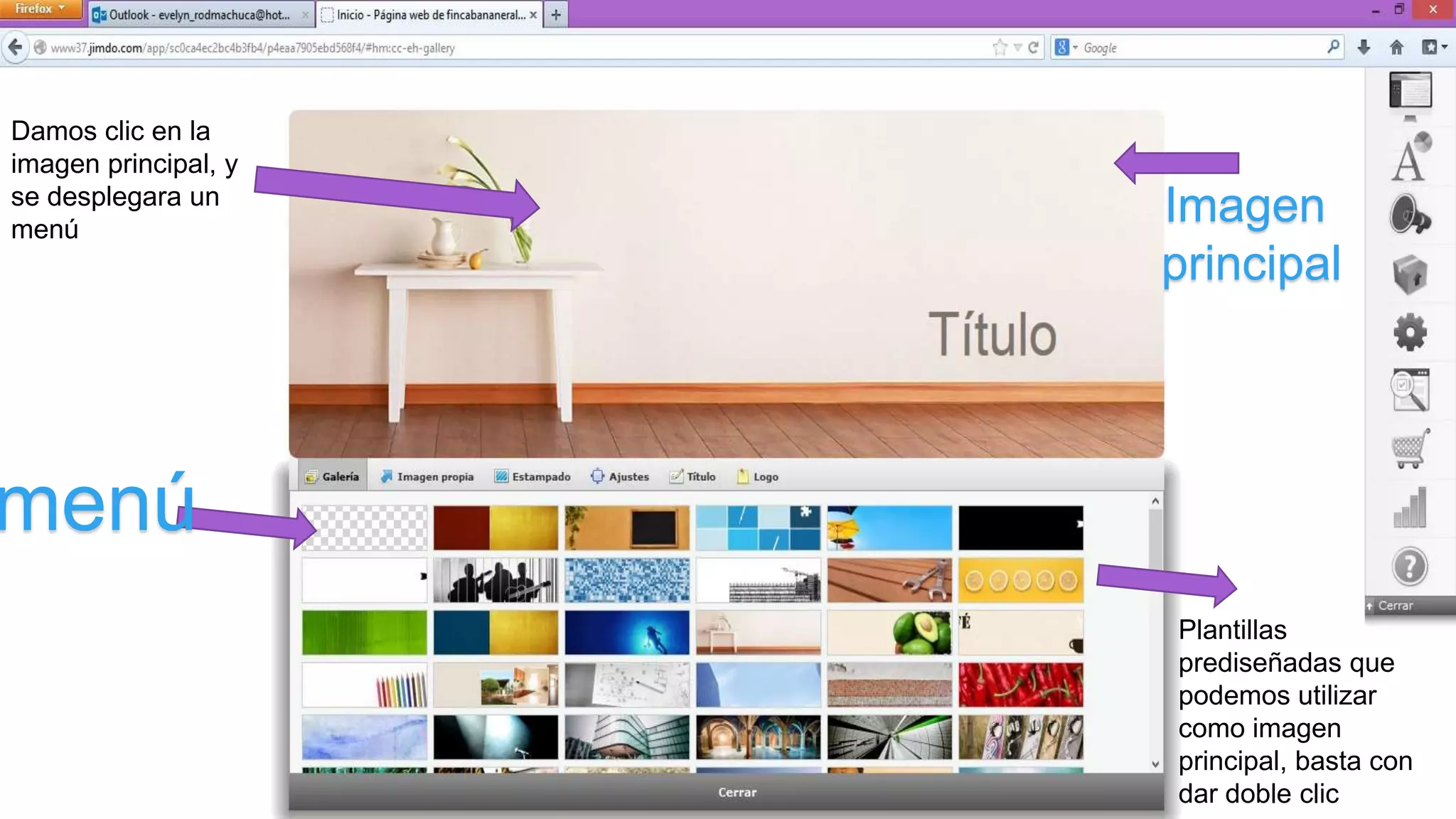 Damos clic en la
imagen principal, y
se desplegara un
menú
menú
Imagen
principal
Plantillas
prediseñadas que
podemos utilizar
como imagen
principal, basta con
dar doble clic
 