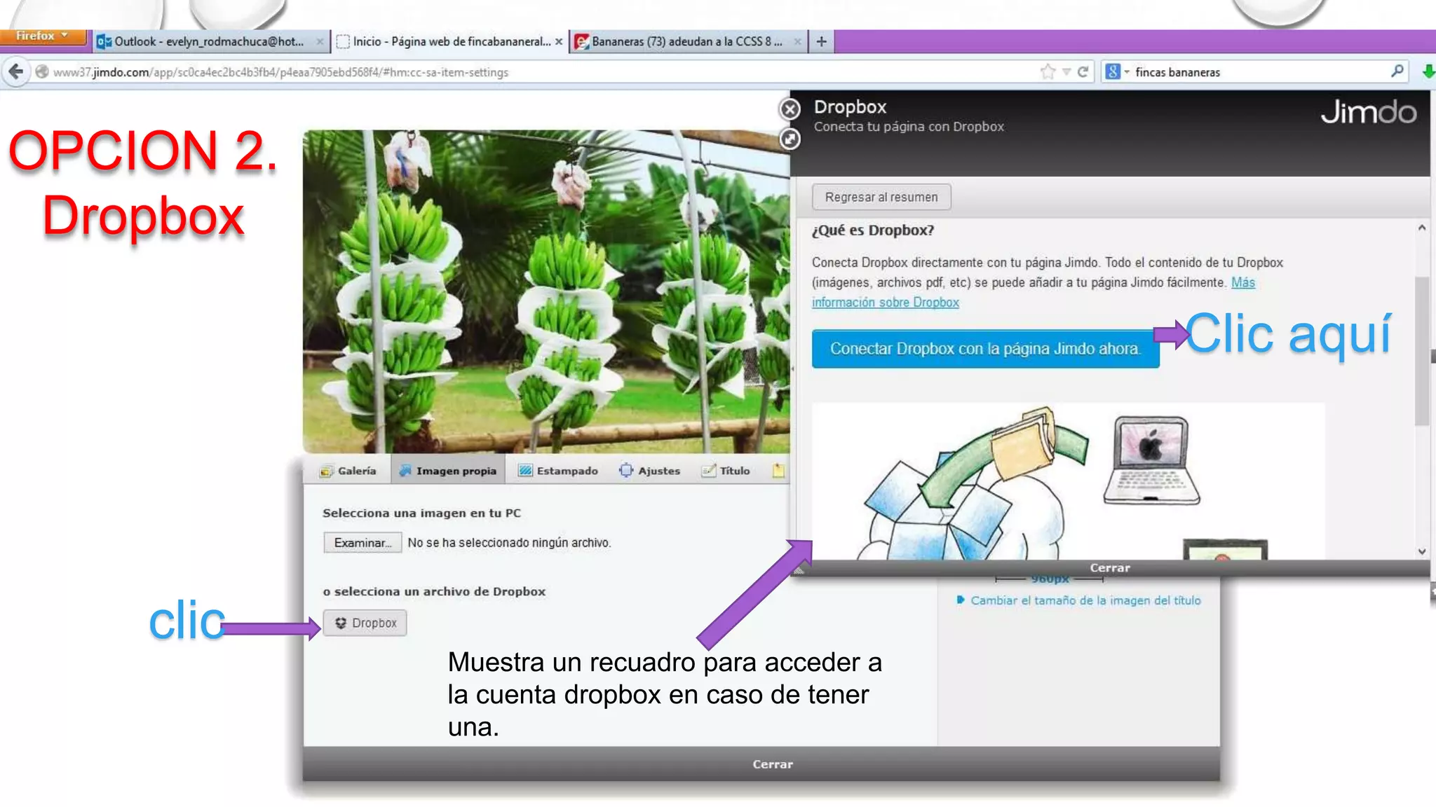 clic
OPCION 2.
Dropbox
Muestra un recuadro para acceder a
la cuenta dropbox en caso de tener
una.
Clic aquí
 