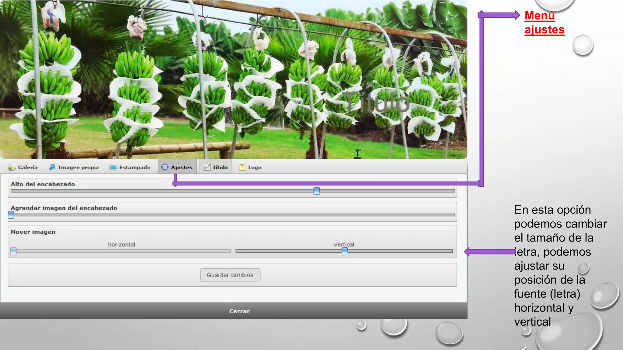 Menú
ajustes
En esta opción
podemos cambiar
el tamaño de la
letra, podemos
ajustar su
posición de la
fuente (letra)
horizontal y
vertical
 
